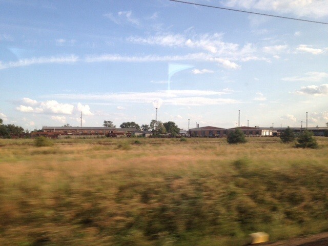 Das Bild zeigt grünes Wiesenland und darüber blauen Himmel, im Hintergrund kann man eine Siedlung erahnen. Aufgenommen ist es aus einem fahrenden Zug.