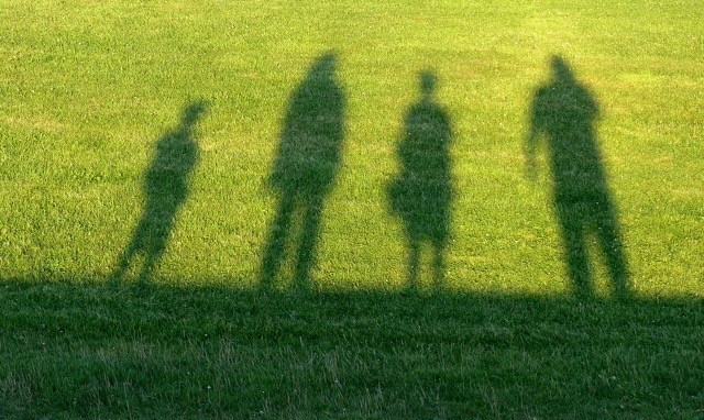 Das Foto zeigt eine Familie, die als Schatten auf grünen Rasen geworfen wird.