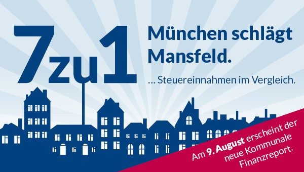 Grafik mit einigen blauen Häusern. Darüber der Text: 7 zu 1. München schlägt Mansfeld.