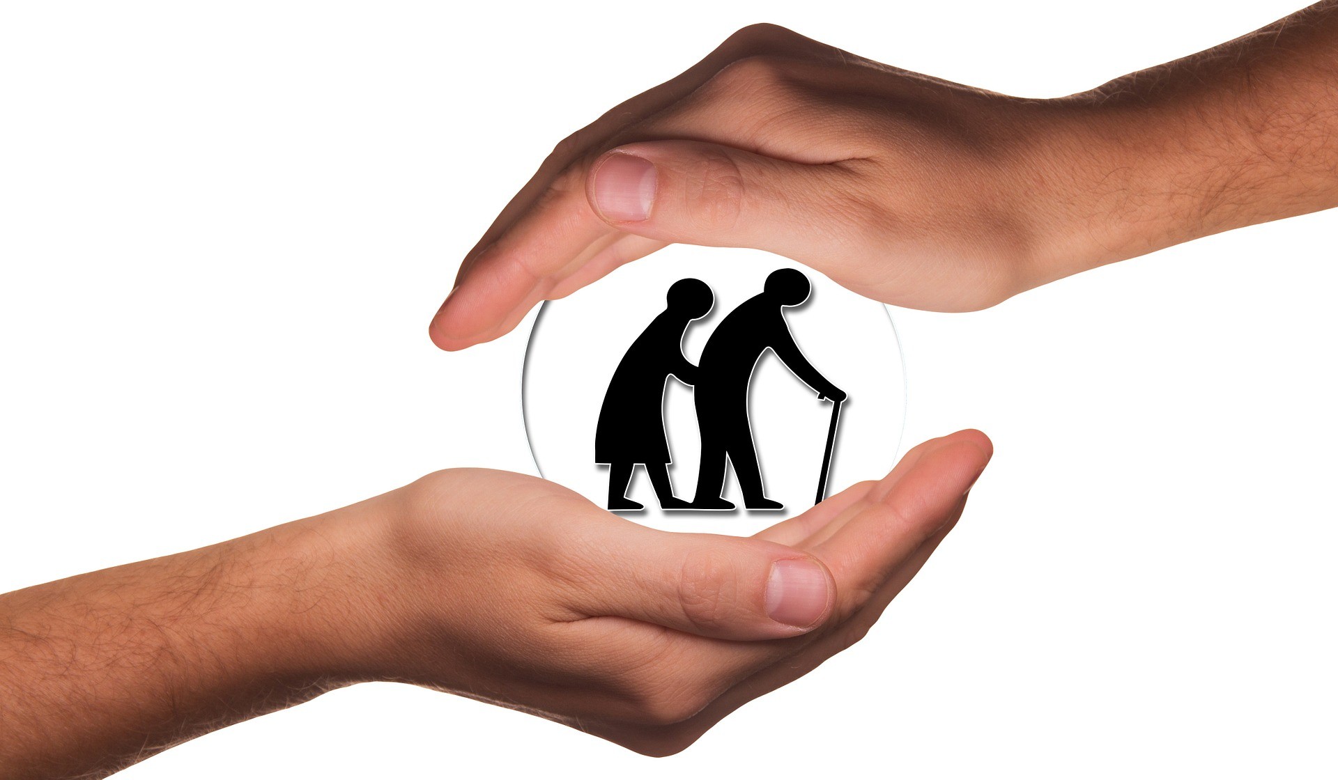 Schützende Hände über und unter älteren Menschen