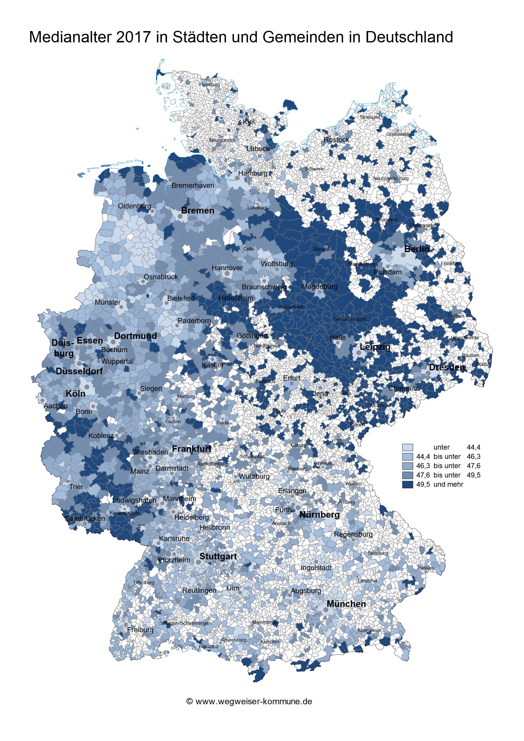 Das MEdianalter 2017 in Städten und Gemeinden, visualisiert auf einer Deutschlandkarte